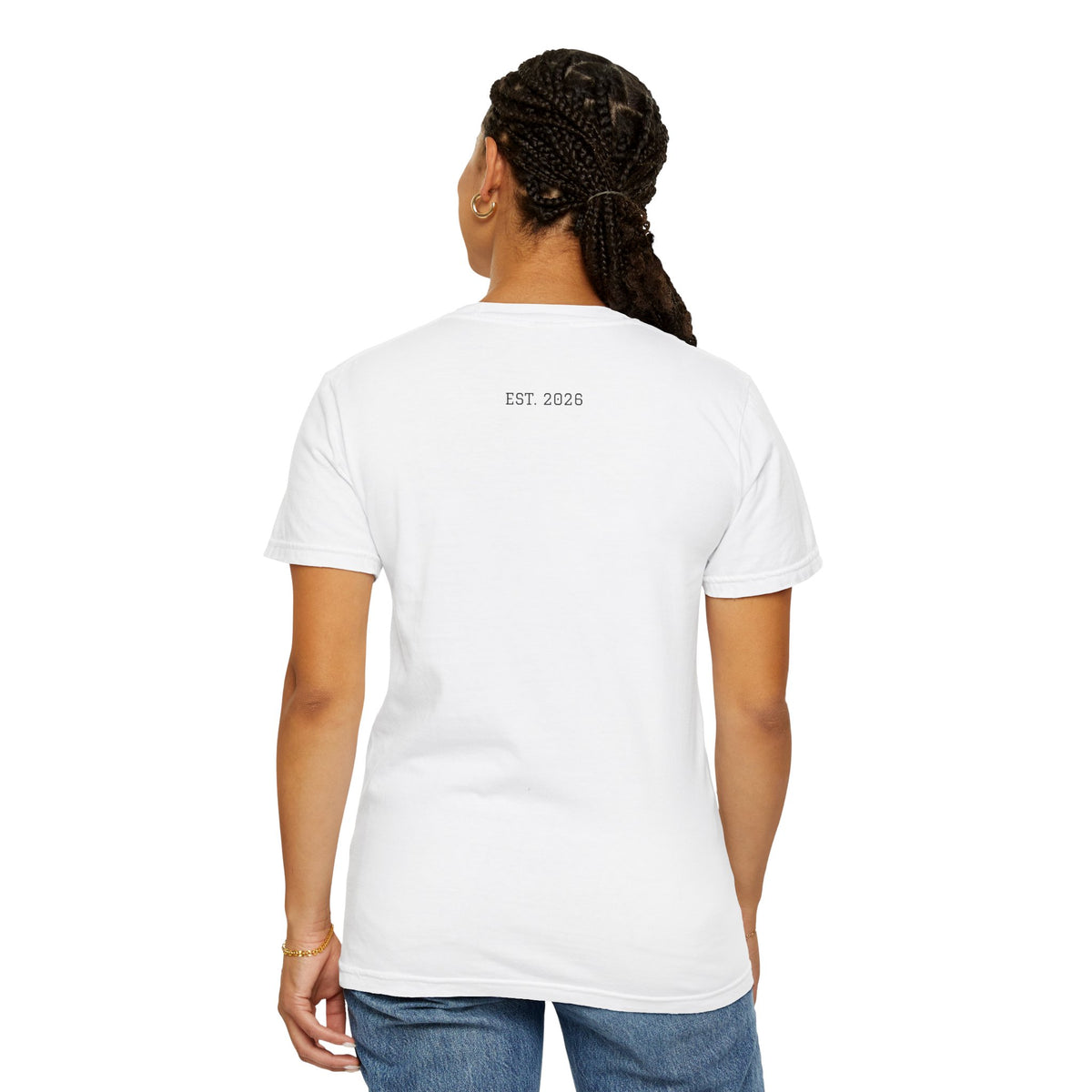 Unified T‑Shirt District graphic T-Shirt | minimal text logo, EST 2026 back print